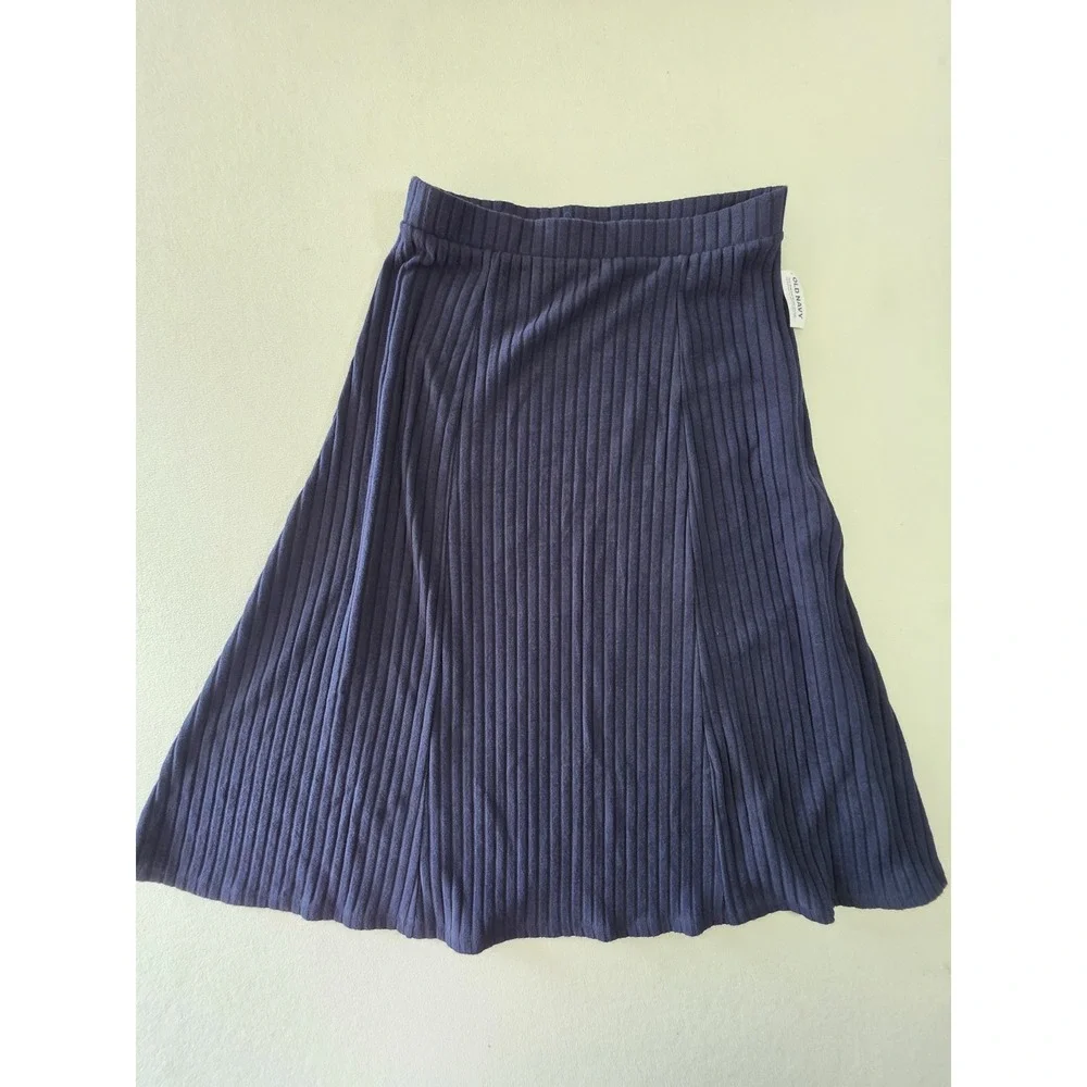 Old Navy Womens L Petite Navy Blue Ribbed Knit Midi Skirt Stretch Pull On New...
